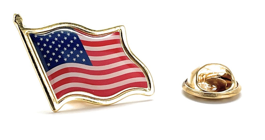 American flag lapel pin on a white background