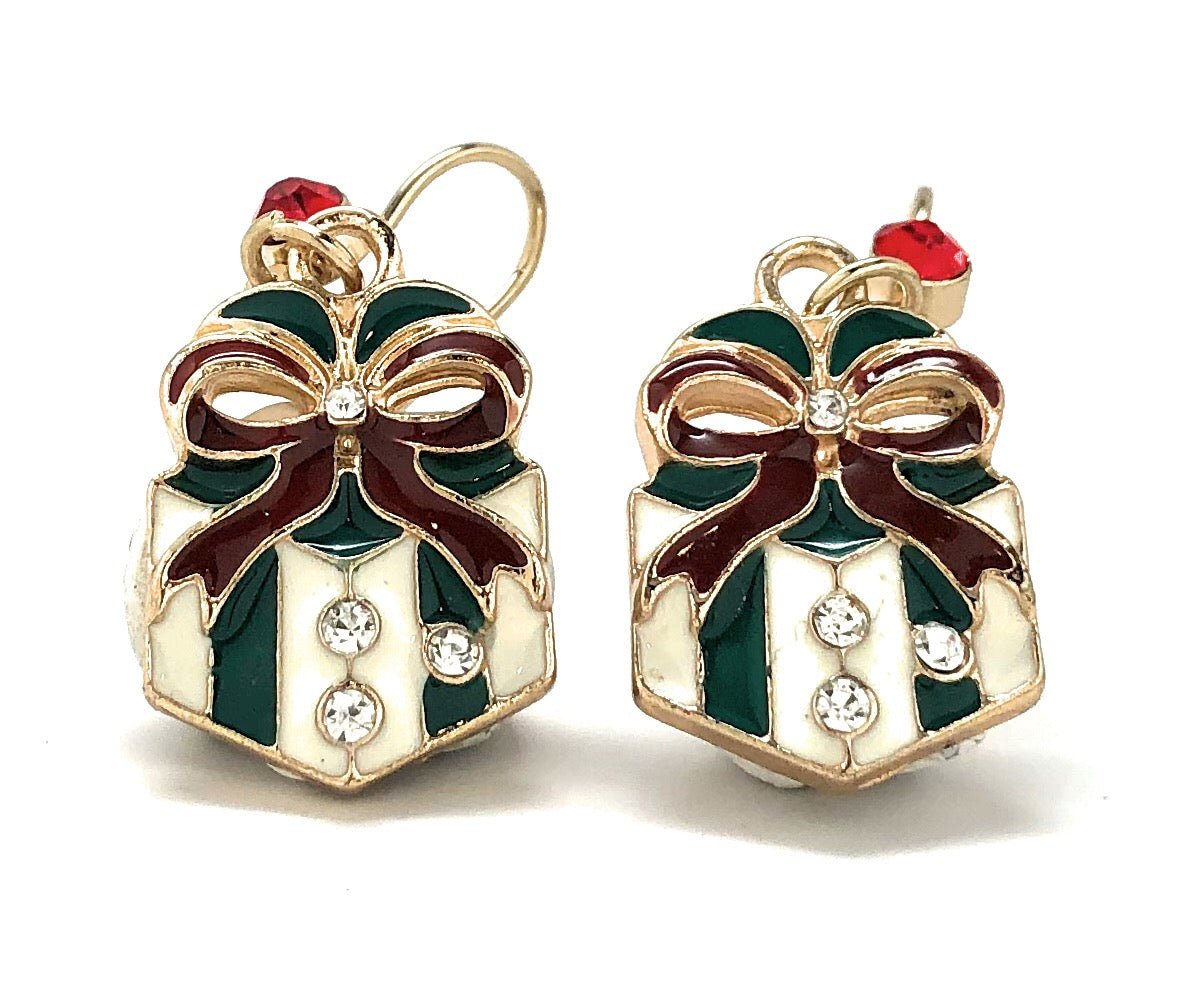 Christmas present gift box dangle earrings with crystals red green and gold holiday jewelry