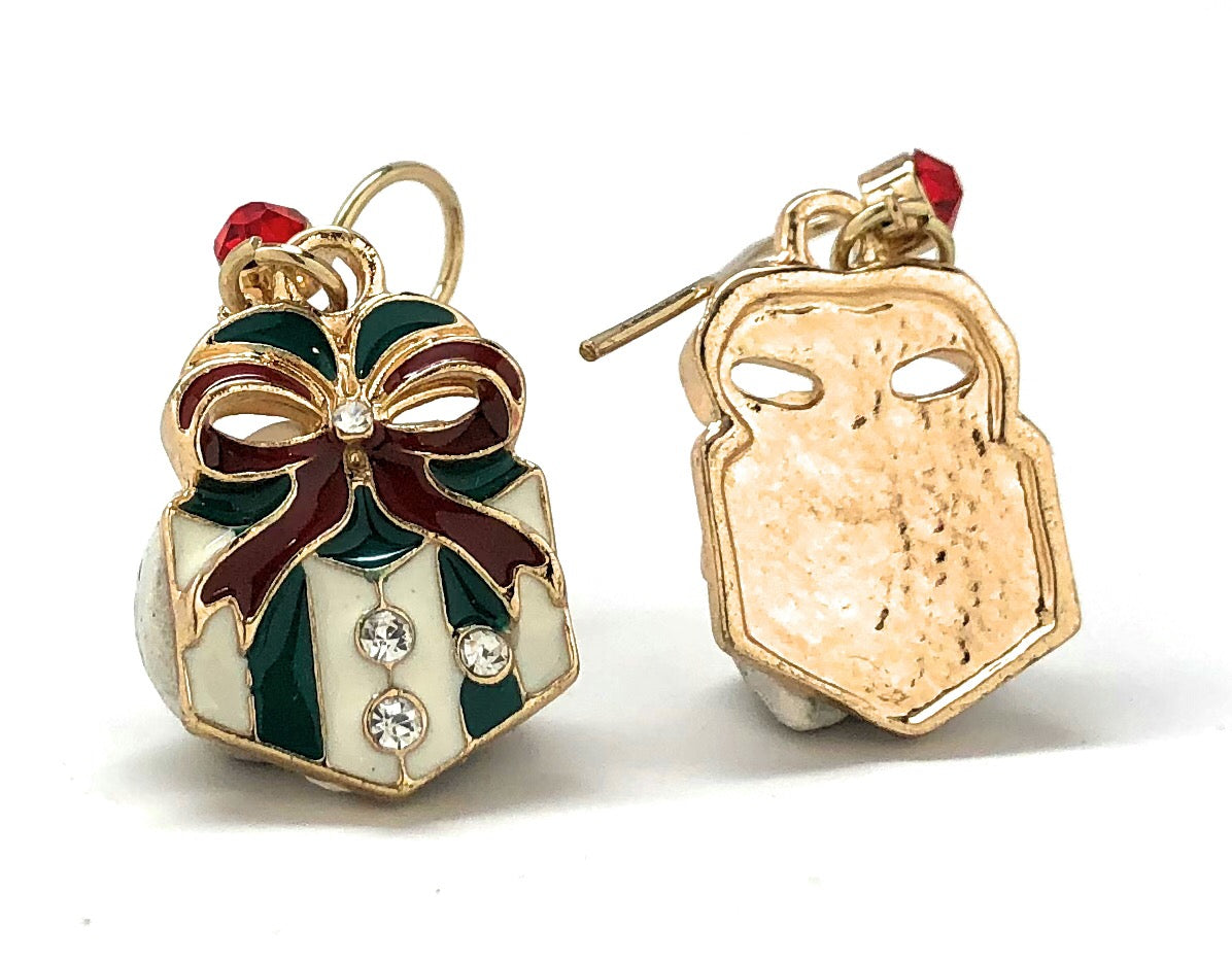 Christmas present gift box dangle earrings with crystals red green and gold holiday jewelry
