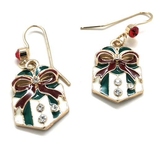 Christmas present gift box dangle earrings with crystals red green and gold holiday jewelry