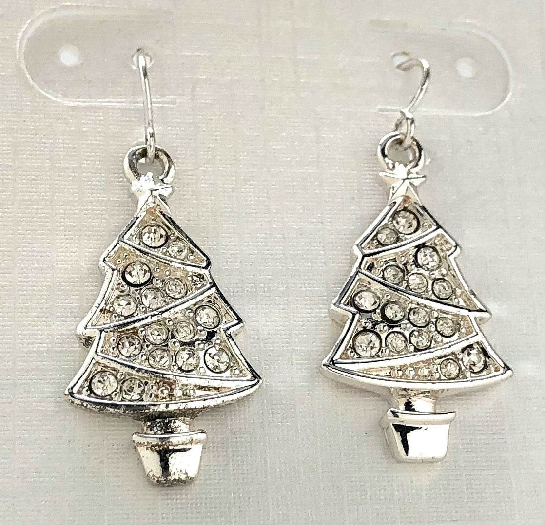 Silver Christmas tree dangle earrings with sparkling clear crystals holiday jewelry