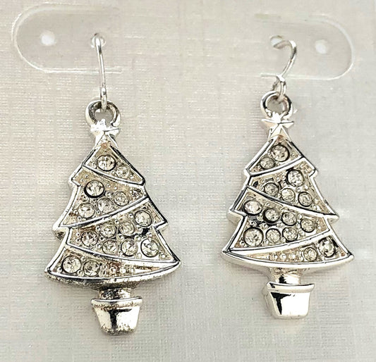 Silver Christmas tree dangle earrings with sparkling clear crystals holiday jewelry