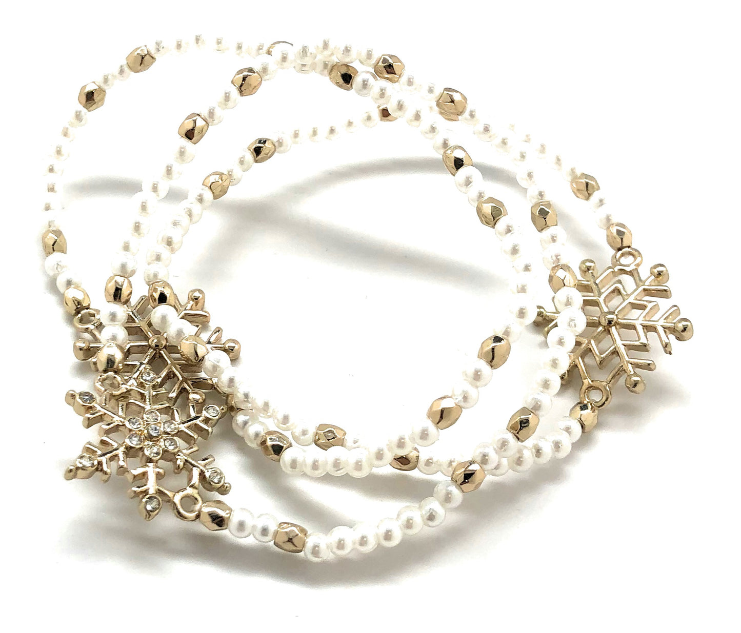 Christmas snowflake stretch bracelet with white pearls and gold beads holiday jewelry”