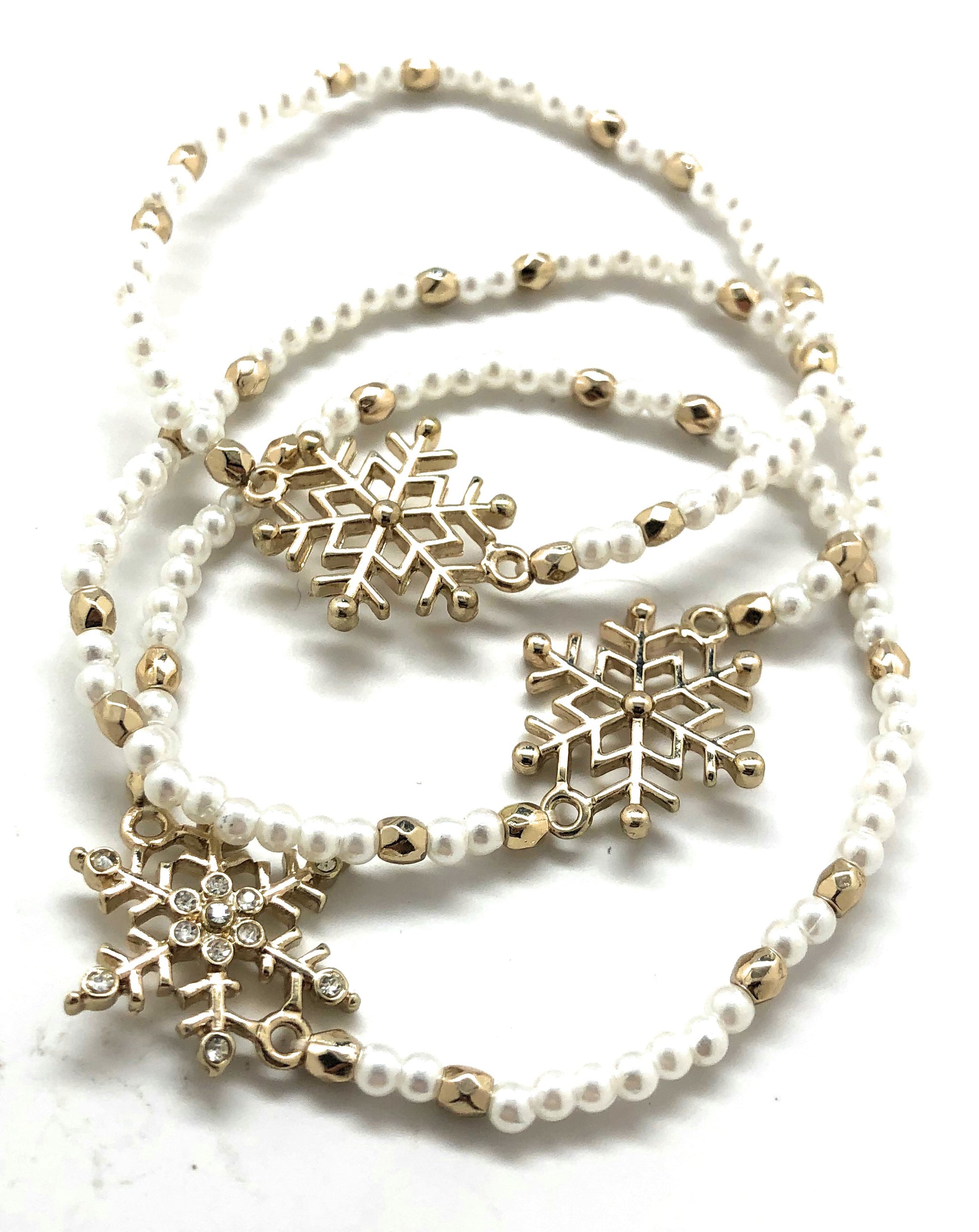 Christmas snowflake stretch bracelet with white pearls and gold beads holiday jewelry”