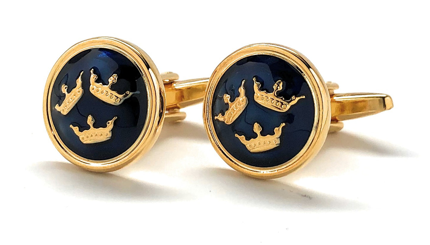 Three Kings Cufflinks Royal Family Palace Estate Cuff Links Blue Enamel with Gold Professional Wear Three Crowns