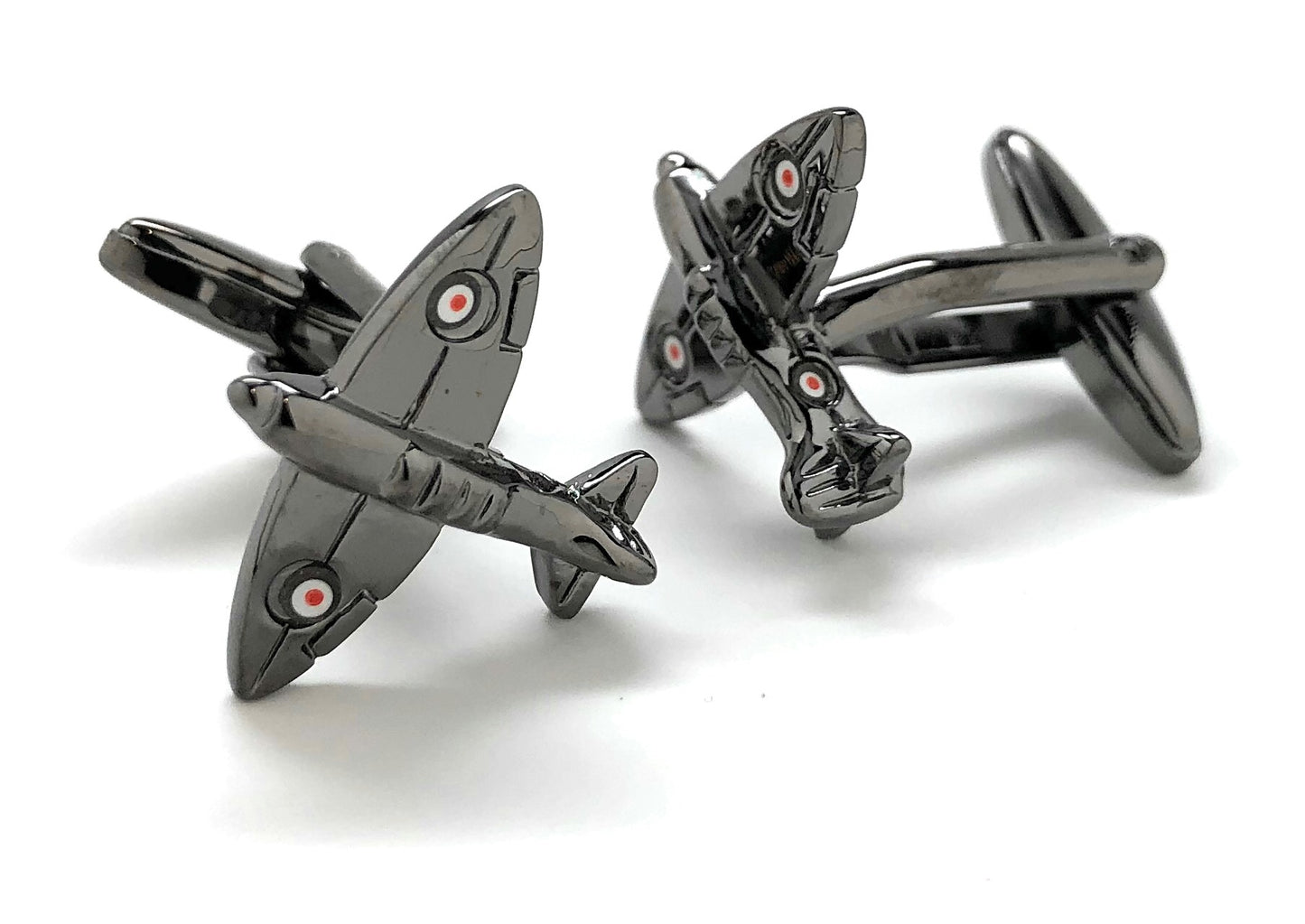 Gunmetal “Squadron 234: Dragons of the Sky” Spitfire airplane cufflinks featuring detailed WWII fighter jet design – luxury aviation-inspired men’s accessories by JayPins