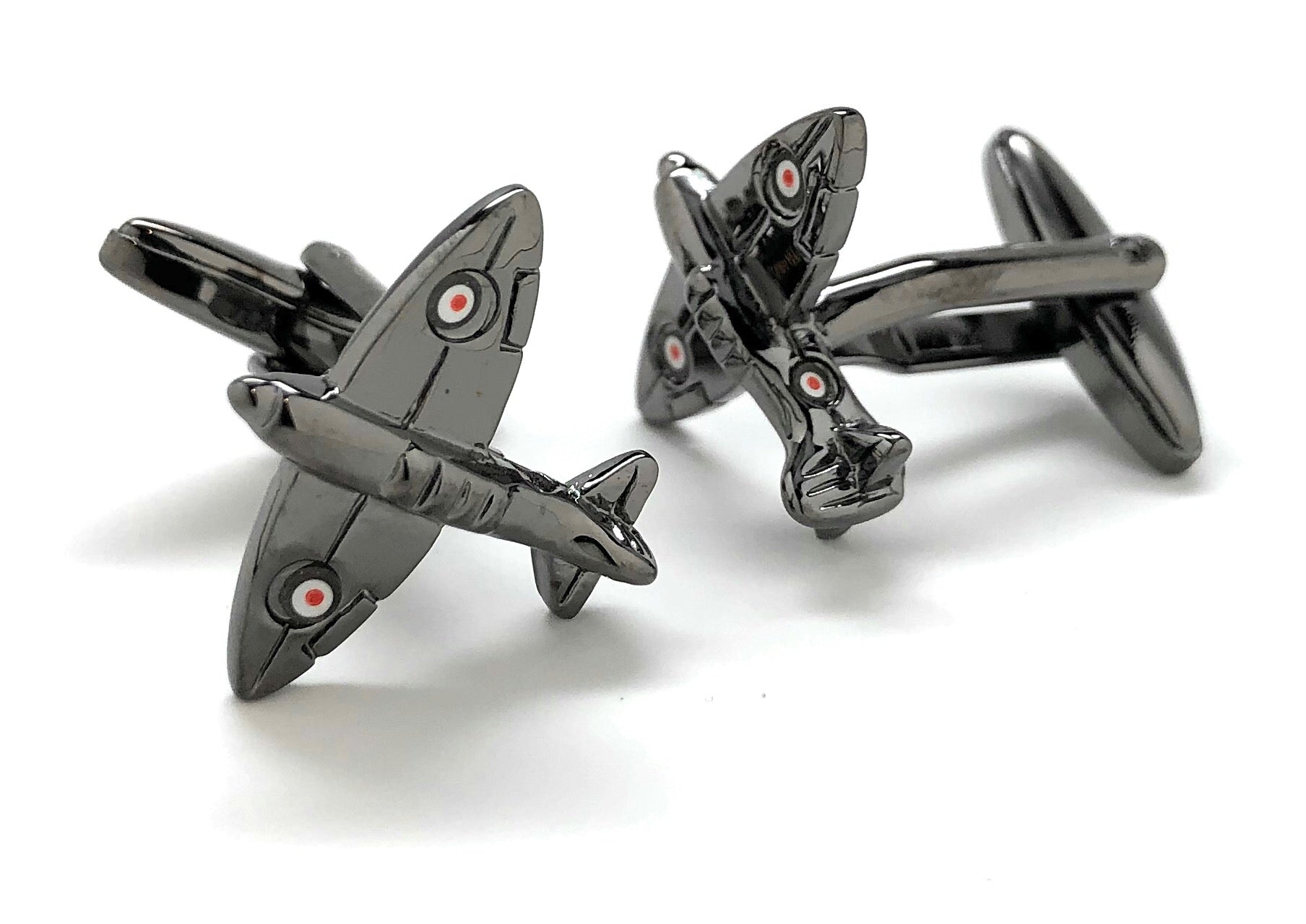 Gunmetal “Squadron 234: Dragons of the Sky” Spitfire airplane cufflinks featuring detailed WWII fighter jet design – luxury aviation-inspired men’s accessories by JayPins
