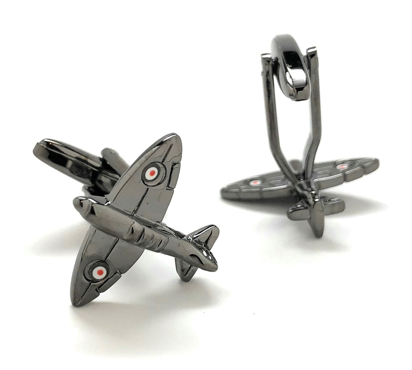 Gunmetal “Squadron 234: Dragons of the Sky” Spitfire airplane cufflinks featuring detailed WWII fighter jet design – luxury aviation-inspired men’s accessories by JayPins