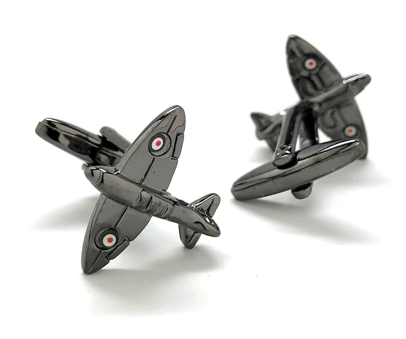 Gunmetal “Squadron 234: Dragons of the Sky” Spitfire airplane cufflinks featuring detailed WWII fighter jet design – luxury aviation-inspired men’s accessories by JayPins