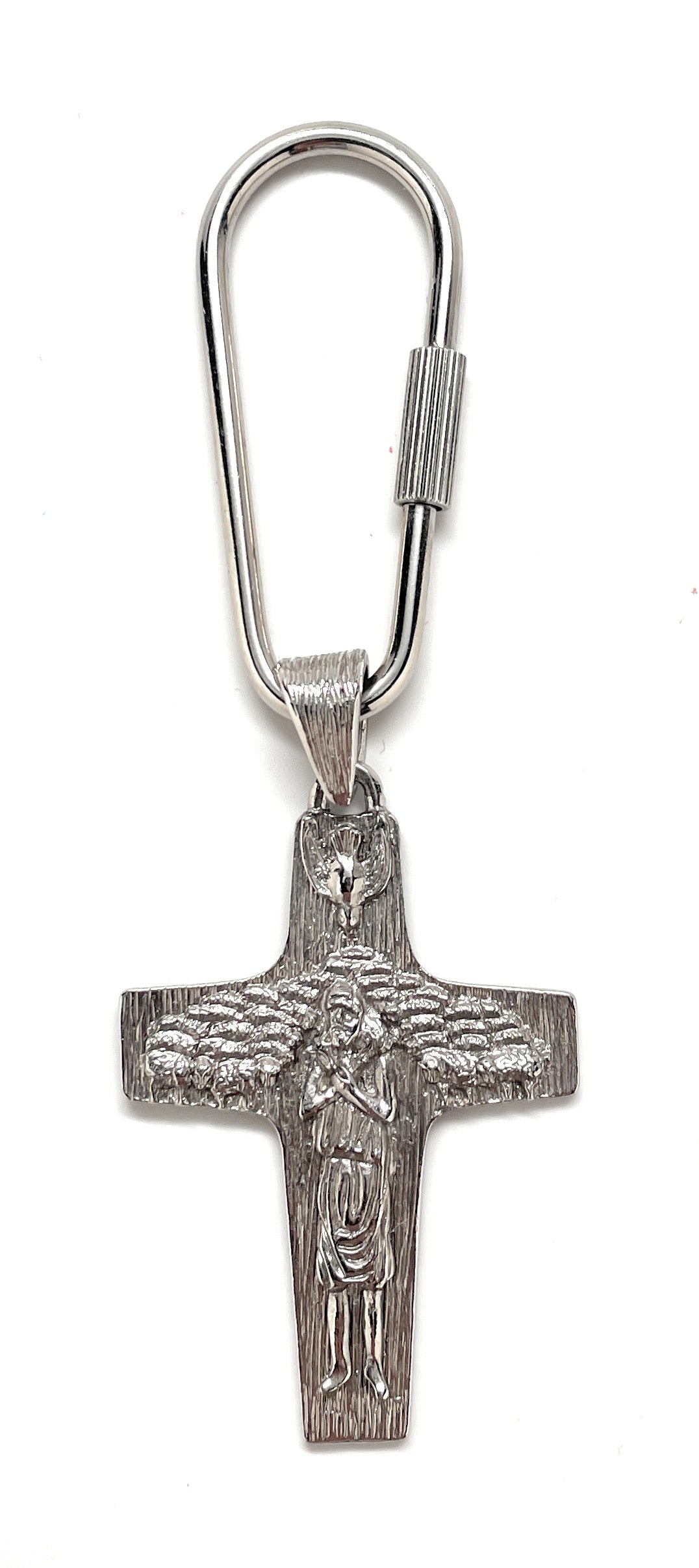 Silver Saint Christopher cross pendant hanging from carabiner keychain.