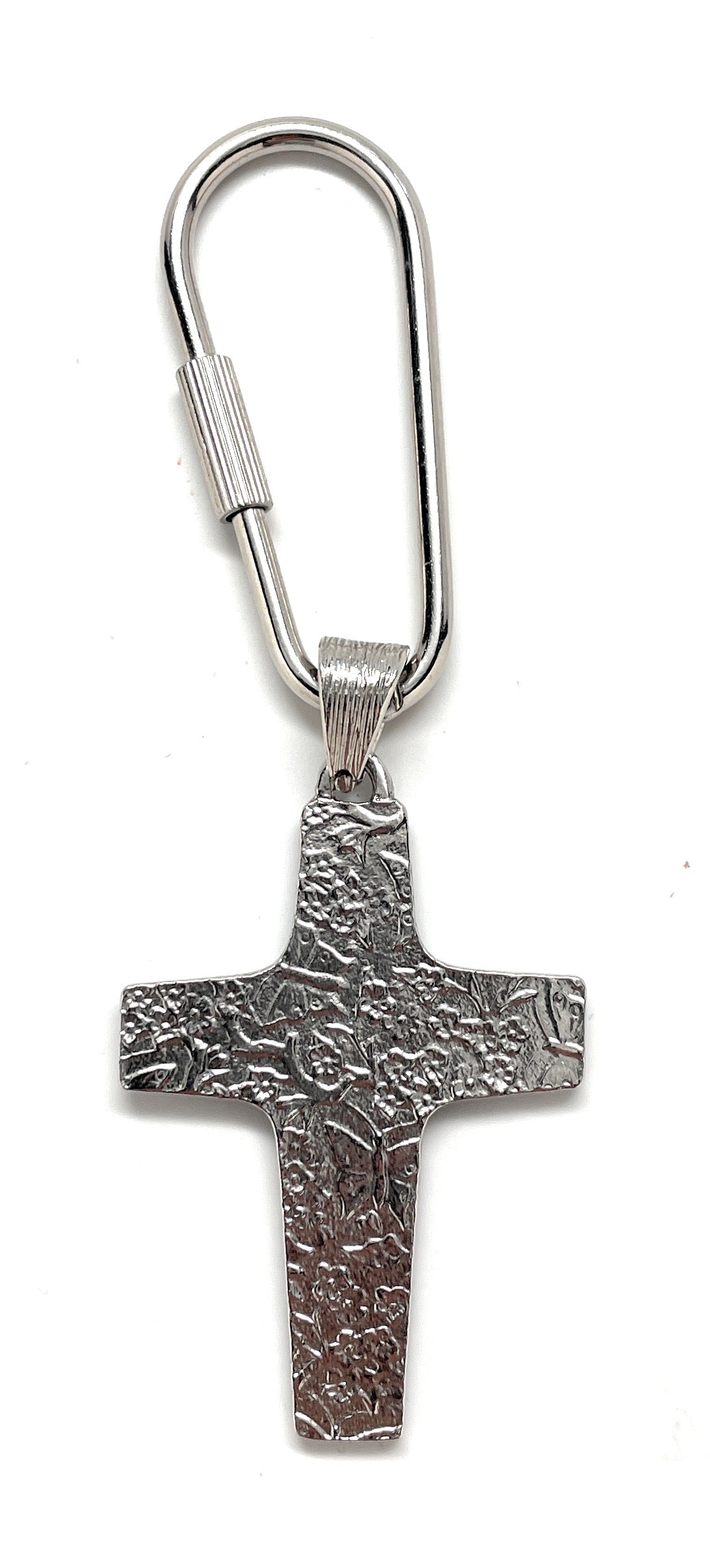 Silver cross keychain with textured design on a white background