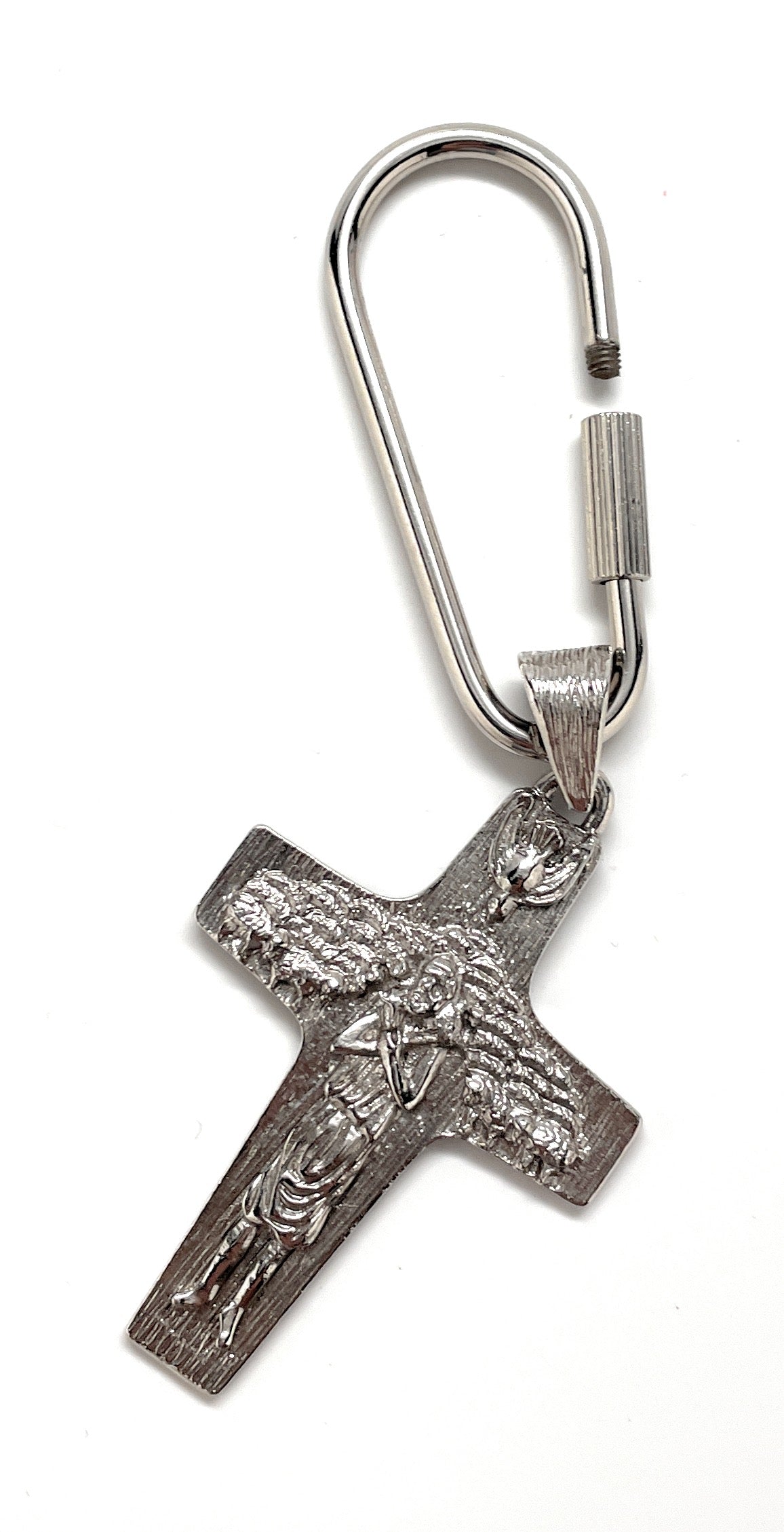 St. Christopher silver cross keychain with screw-lock carabiner key ring.
