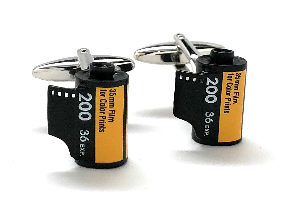 35mm film roll cufflinks in black and yellow with 200 ISO design – photographer gift idea