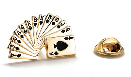 Gold playing card fan-shaped lapel pin on a white background