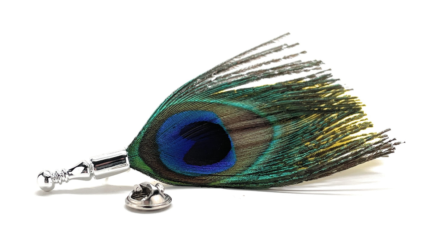 Peacock feather lapel pin with blue and green eye pattern and silver pin backing.