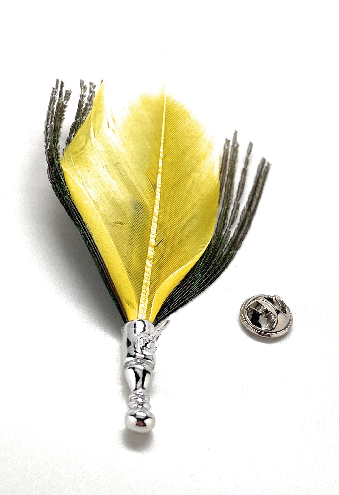 Yellow accent feather lapel pin with silver pin mount and butterfly clasp.