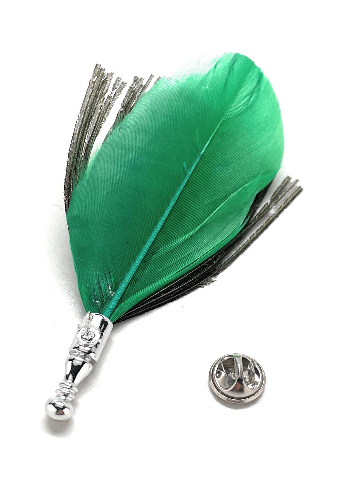 Top view of green accent feather lapel pin with silver butterfly clutch.