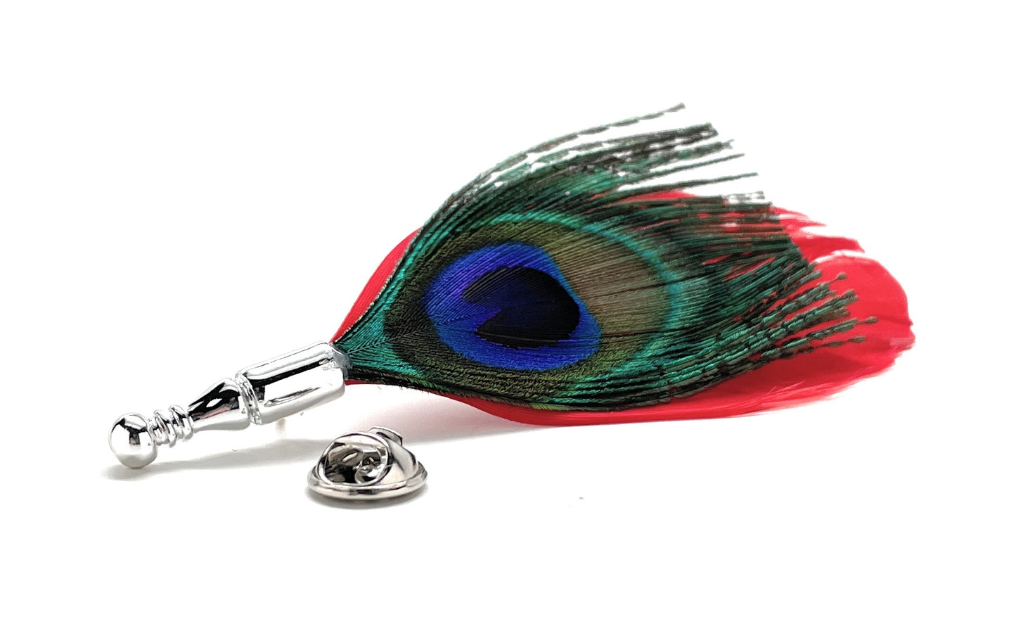 Red accent peacock feather lapel pin with silver pin backing and blue-green feather eye.