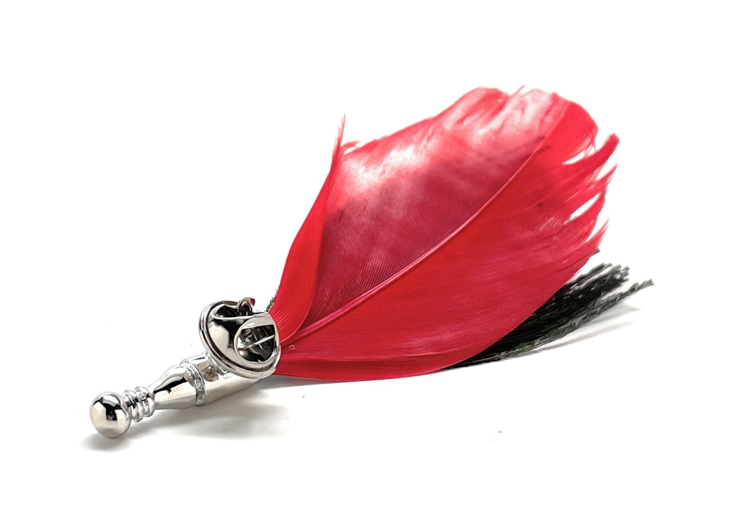Side view of red feather lapel pin with silver mount and butterfly clasp