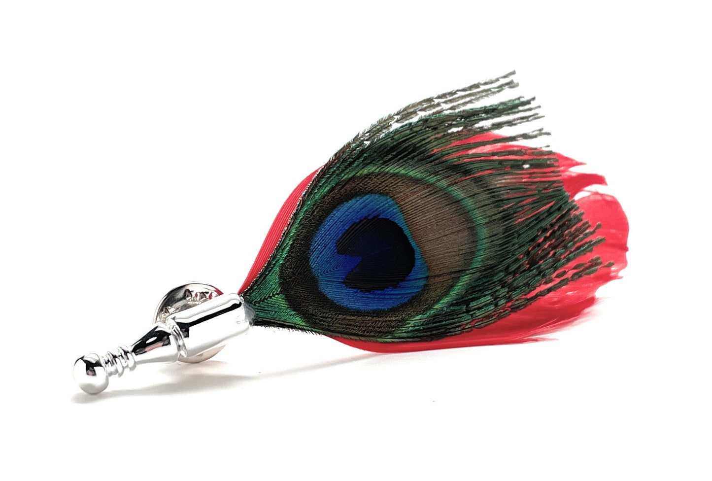 Peacock feather decorative item with a silver base on a white background