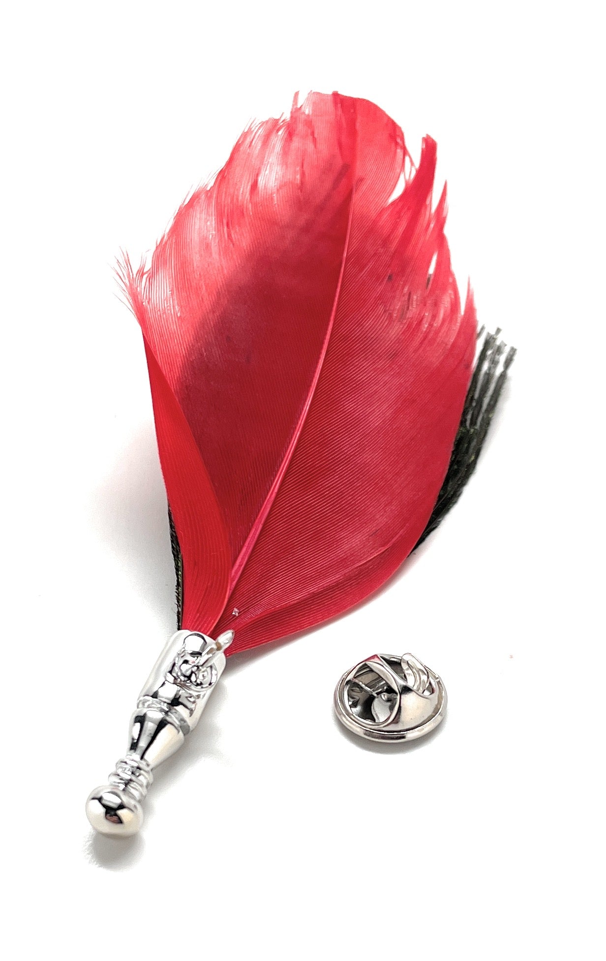 Peacock feather tie tack with vibrant red accent feather and iridescent peacock eye pattern.