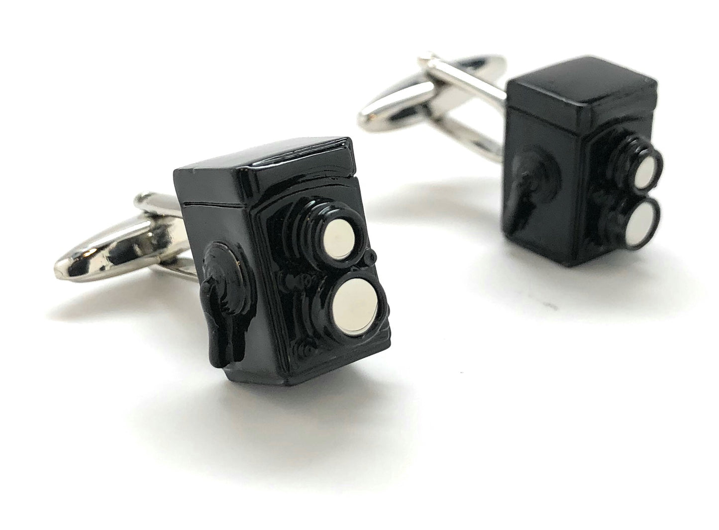 Vintage black enamel twin-lens reflex camera cufflinks with silver bullet-back closure – photographer gift accessory