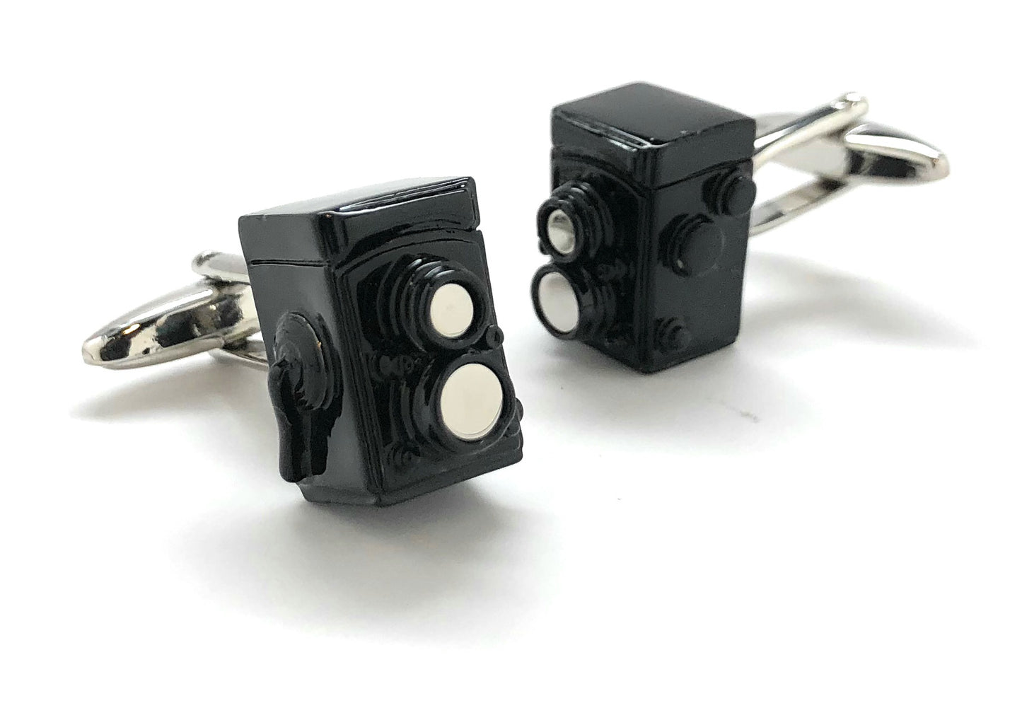 Vintage black enamel twin-lens reflex camera cufflinks with silver bullet-back closure – photographer gift accessory