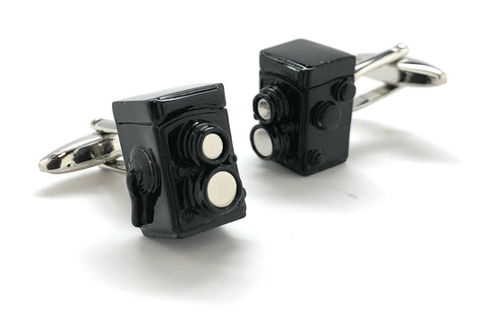 Vintage black enamel twin-lens reflex camera cufflinks with silver bullet-back closure – photographer gift accessory