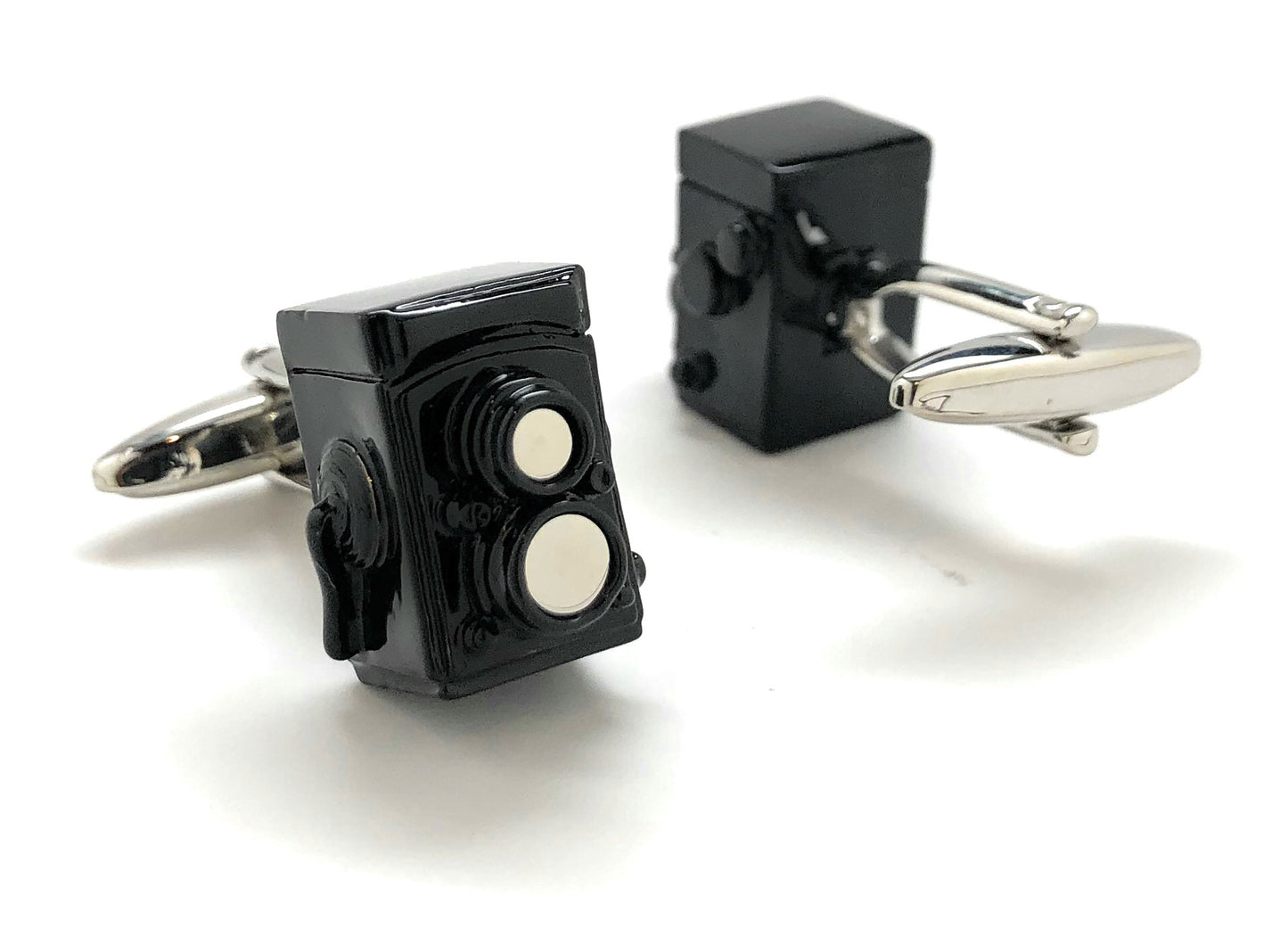 Vintage black enamel twin-lens reflex camera cufflinks with silver bullet-back closure – photographer gift accessory