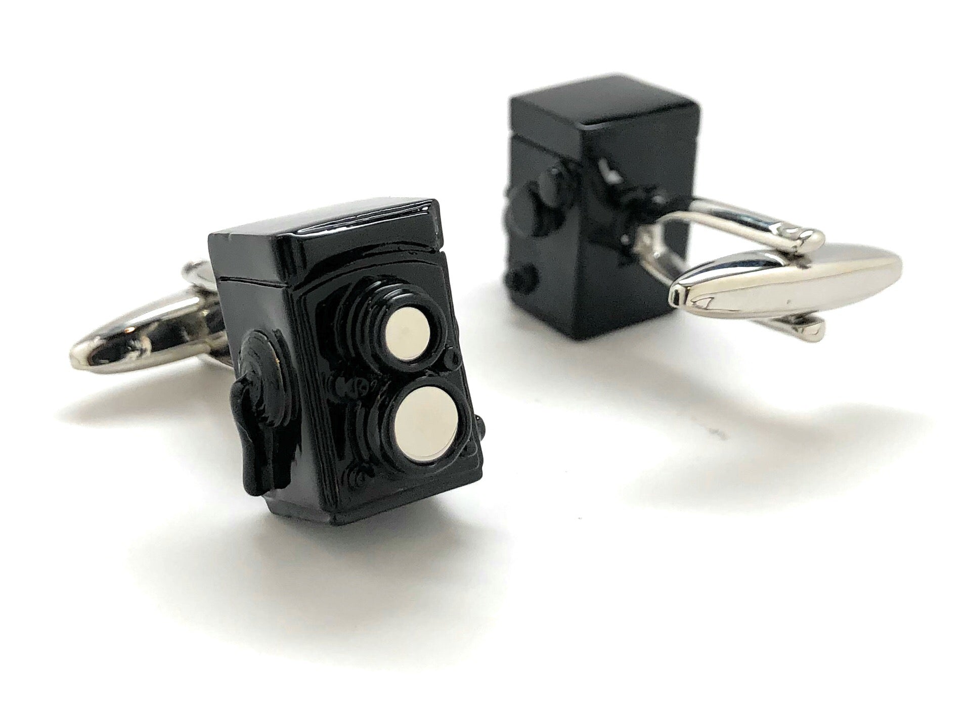 Vintage black enamel twin-lens reflex camera cufflinks with silver bullet-back closure – photographer gift accessory