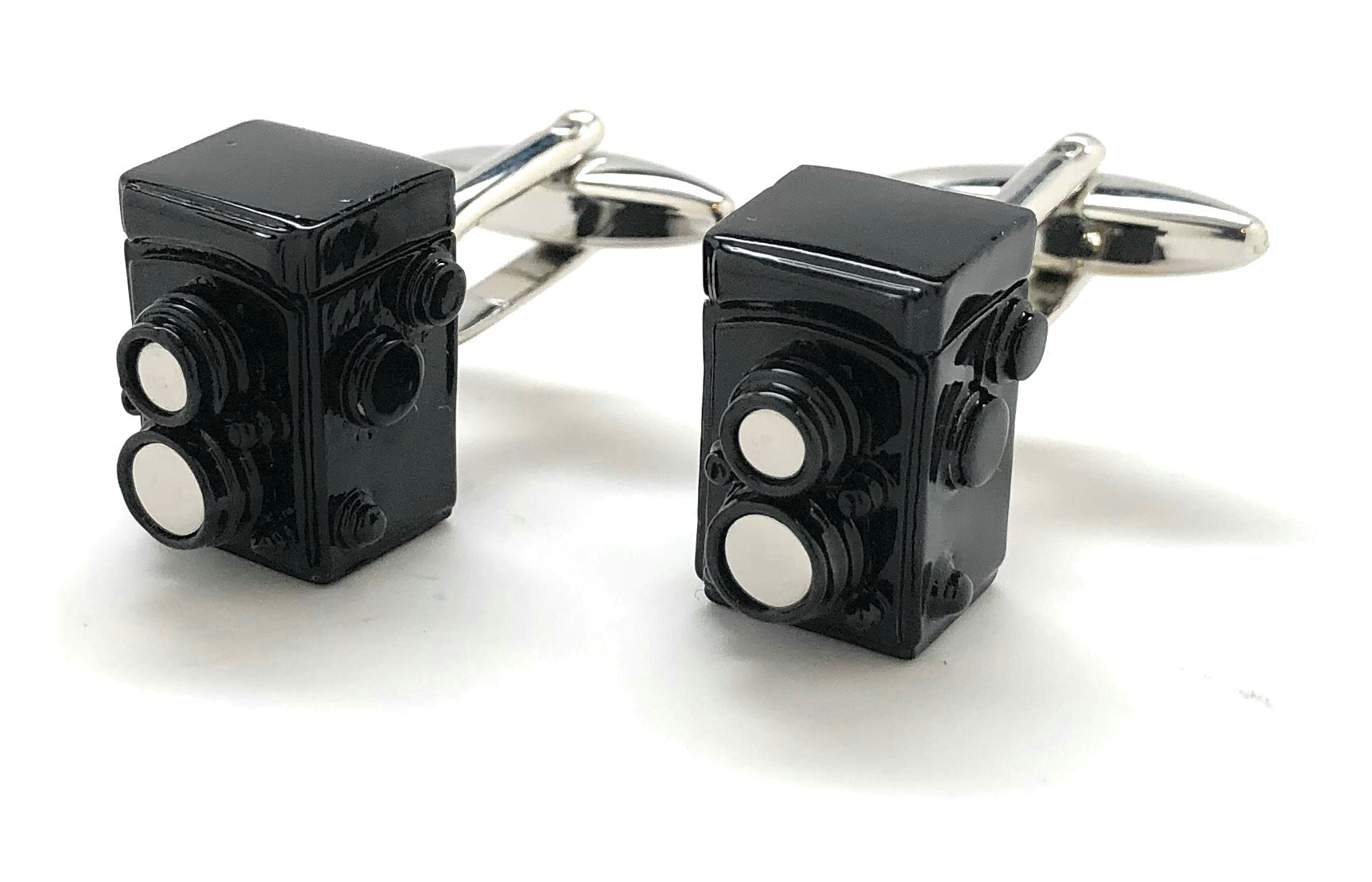 Vintage black enamel twin-lens reflex camera cufflinks with silver bullet-back closure – photographer gift accessory