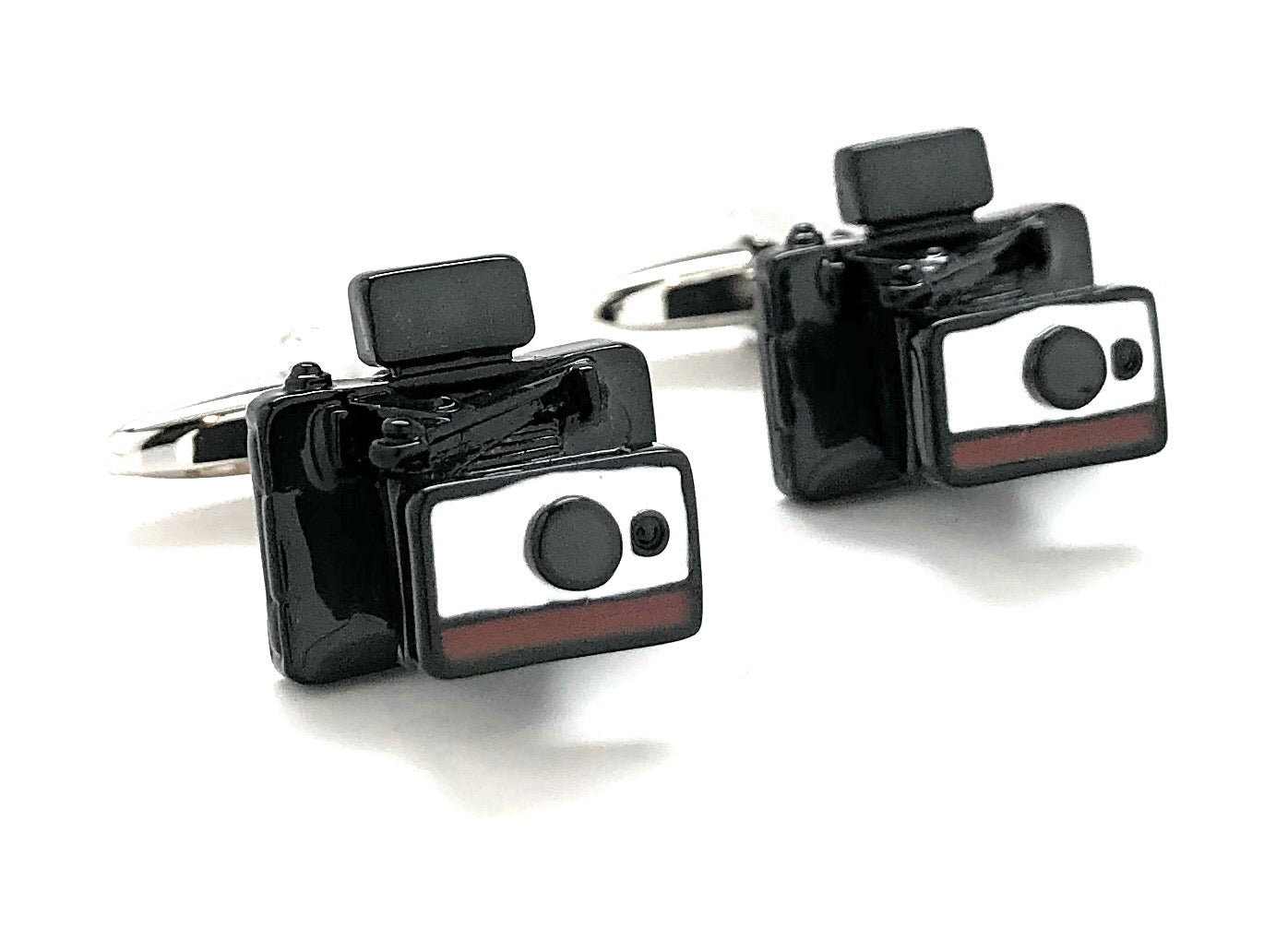 Vintage Polaroid camera cufflinks in black and white enamel with retro design – photographer gift accessories