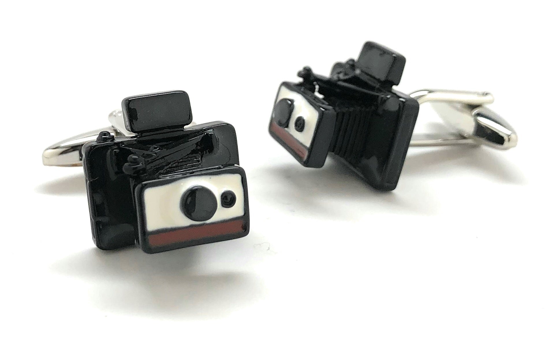 Vintage Polaroid camera cufflinks in black and white enamel with retro design – photographer gift accessories