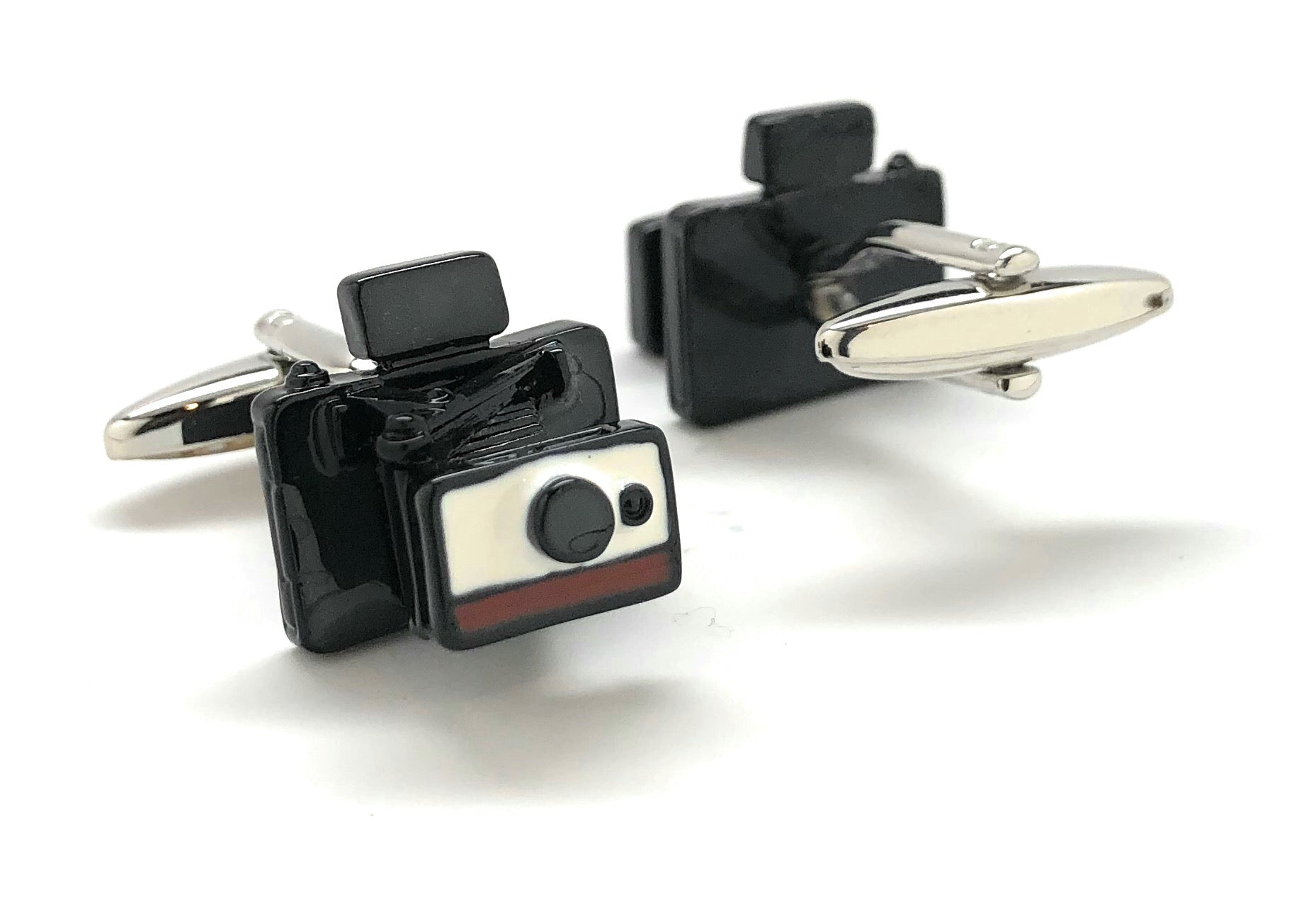 Vintage Polaroid camera cufflinks in black and white enamel with retro design – photographer gift accessories