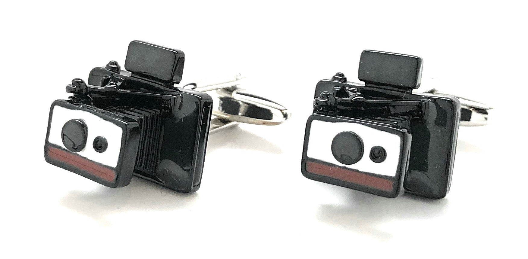 Vintage Polaroid camera cufflinks in black and white enamel with retro design – photographer gift accessories