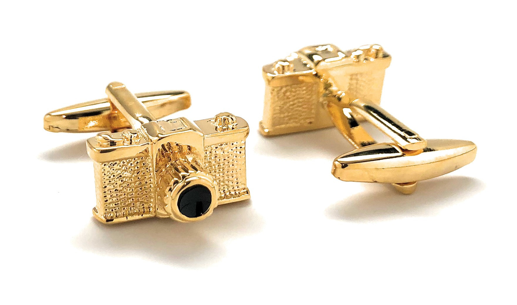 Gold vintage 35mm camera cufflinks with black enamel lens – retro photographer gift for men