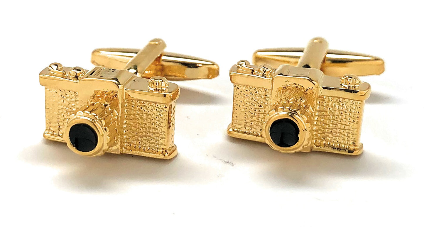 Gold vintage 35mm camera cufflinks with black enamel lens – retro photographer gift for men