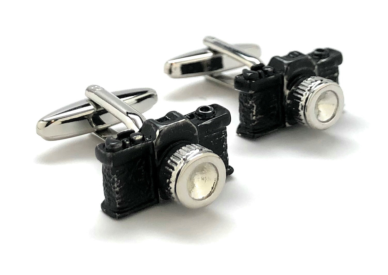 Black and silver vintage camera cufflinks for photographers, unique photography gift accessories