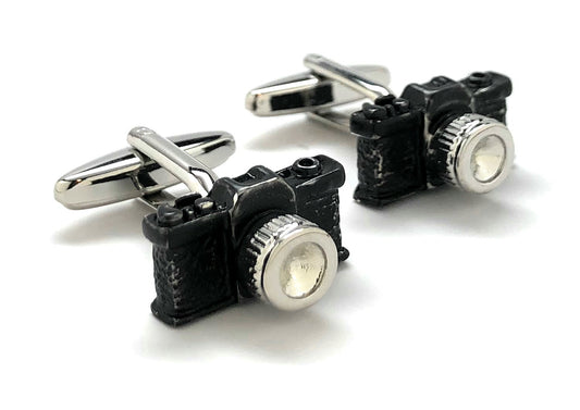 Black and silver vintage camera cufflinks for photographers, unique photography gift accessories