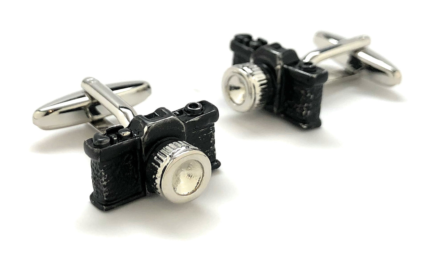 Black and silver vintage camera cufflinks for photographers, unique photography gift accessories