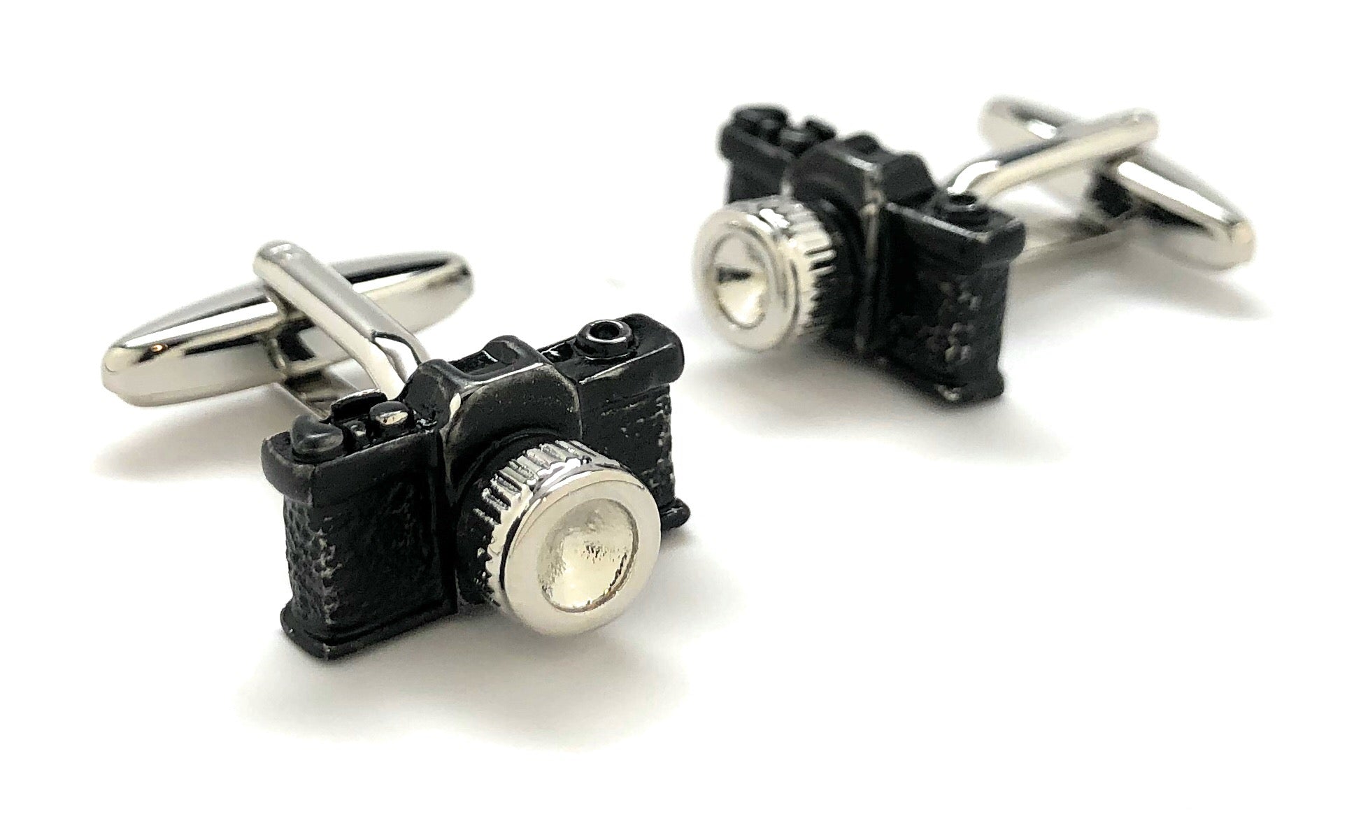Black and silver vintage camera cufflinks for photographers, unique photography gift accessories
