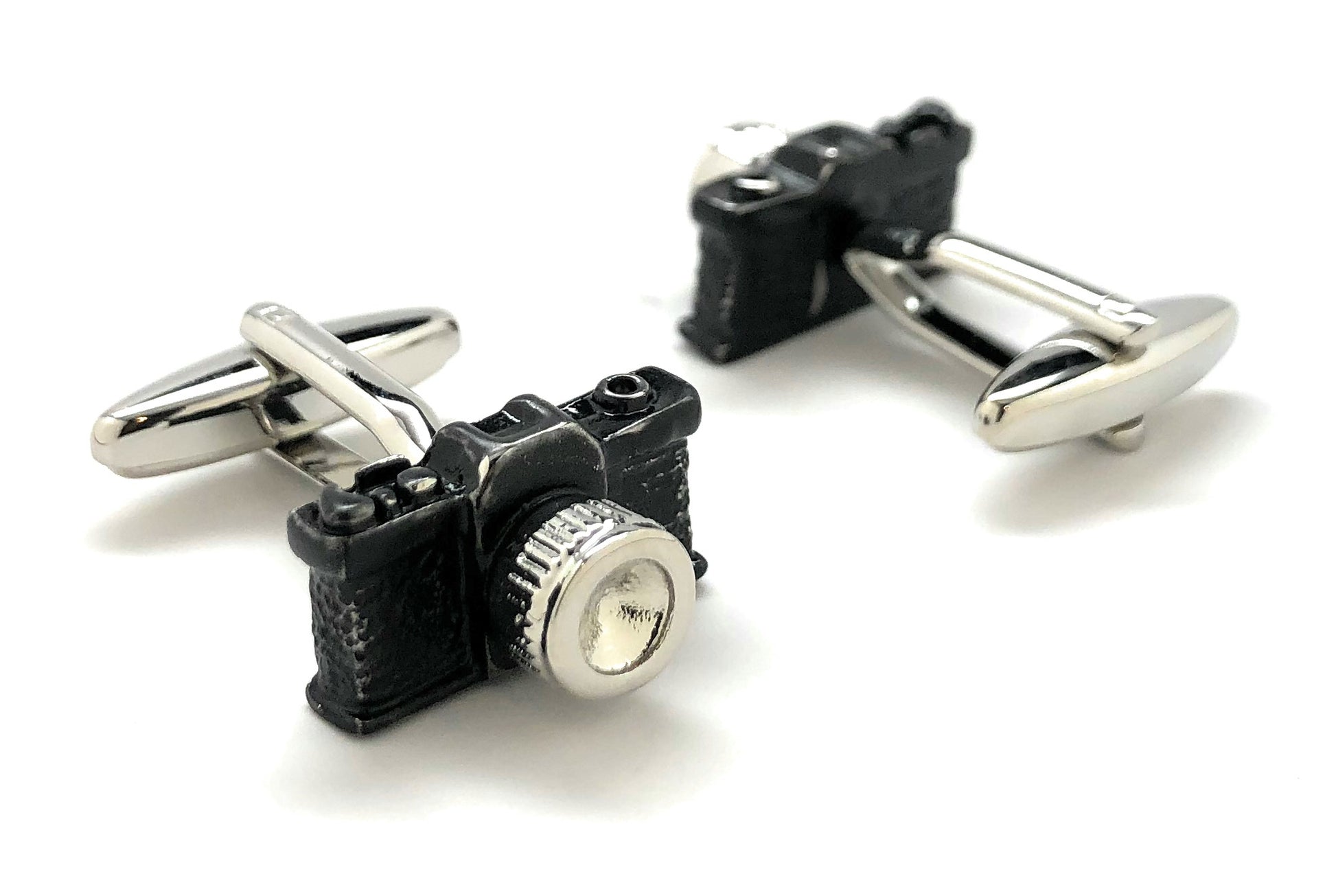 Black and silver vintage camera cufflinks for photographers, unique photography gift accessories