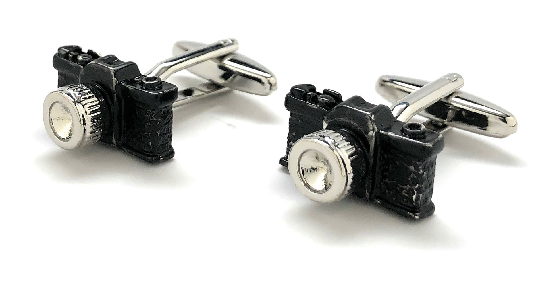 Black and silver vintage camera cufflinks for photographers, unique photography gift accessories