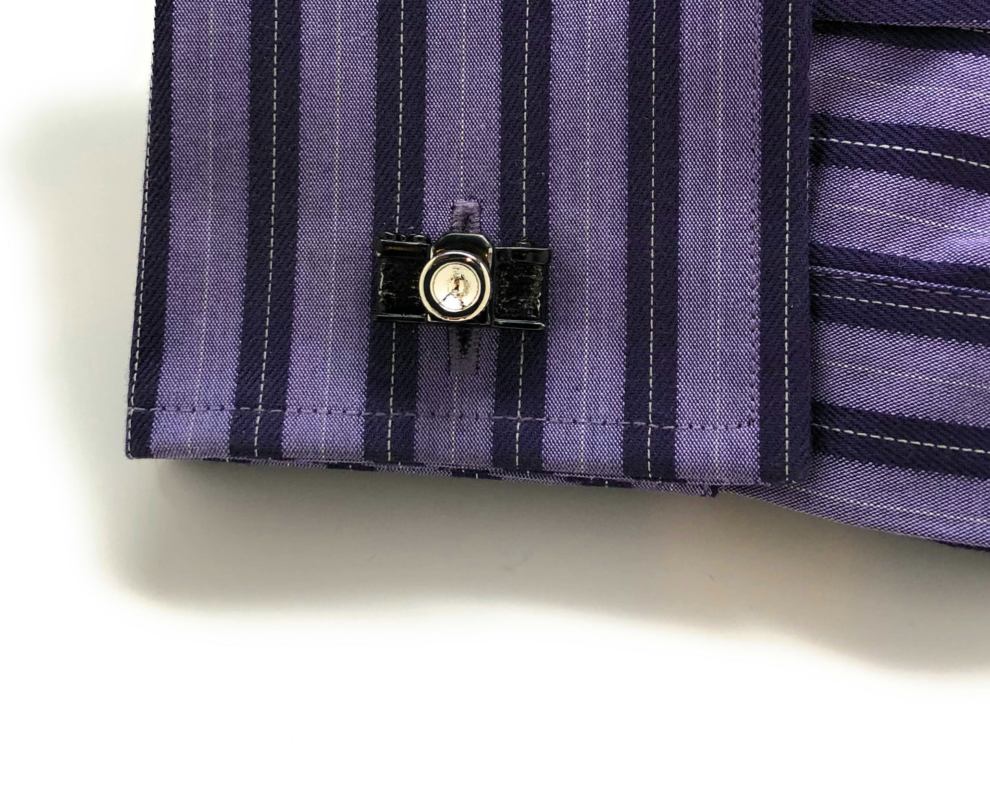 Black and silver vintage camera cufflinks for photographers, unique photography gift accessories purple shirt