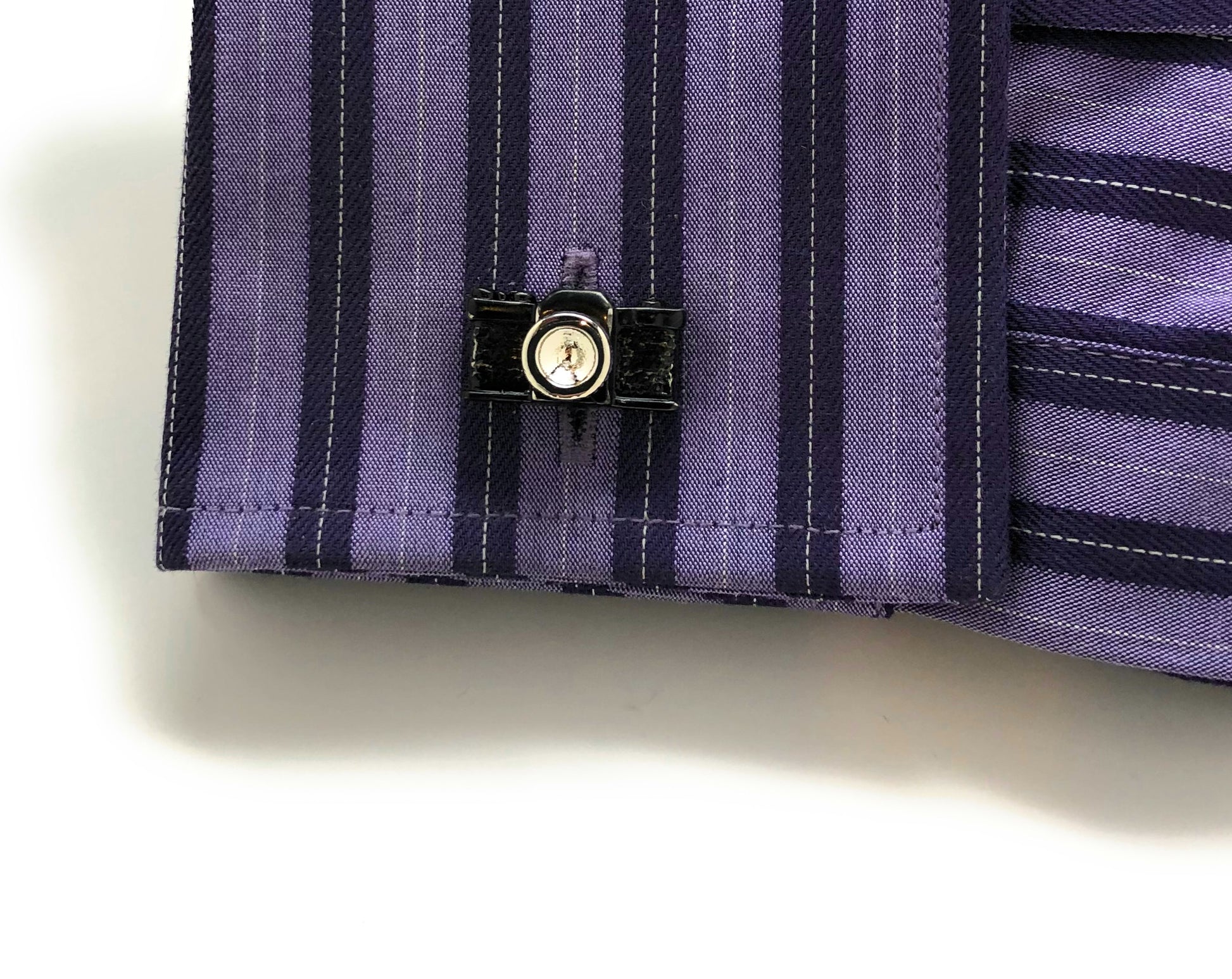 Black and silver vintage camera cufflinks for photographers, unique photography gift accessories purple shirt