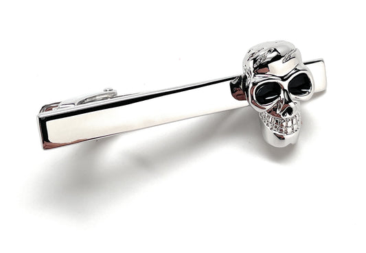 Skull Tie Clip Silver with Black Enamel Eyes Punisher Clip