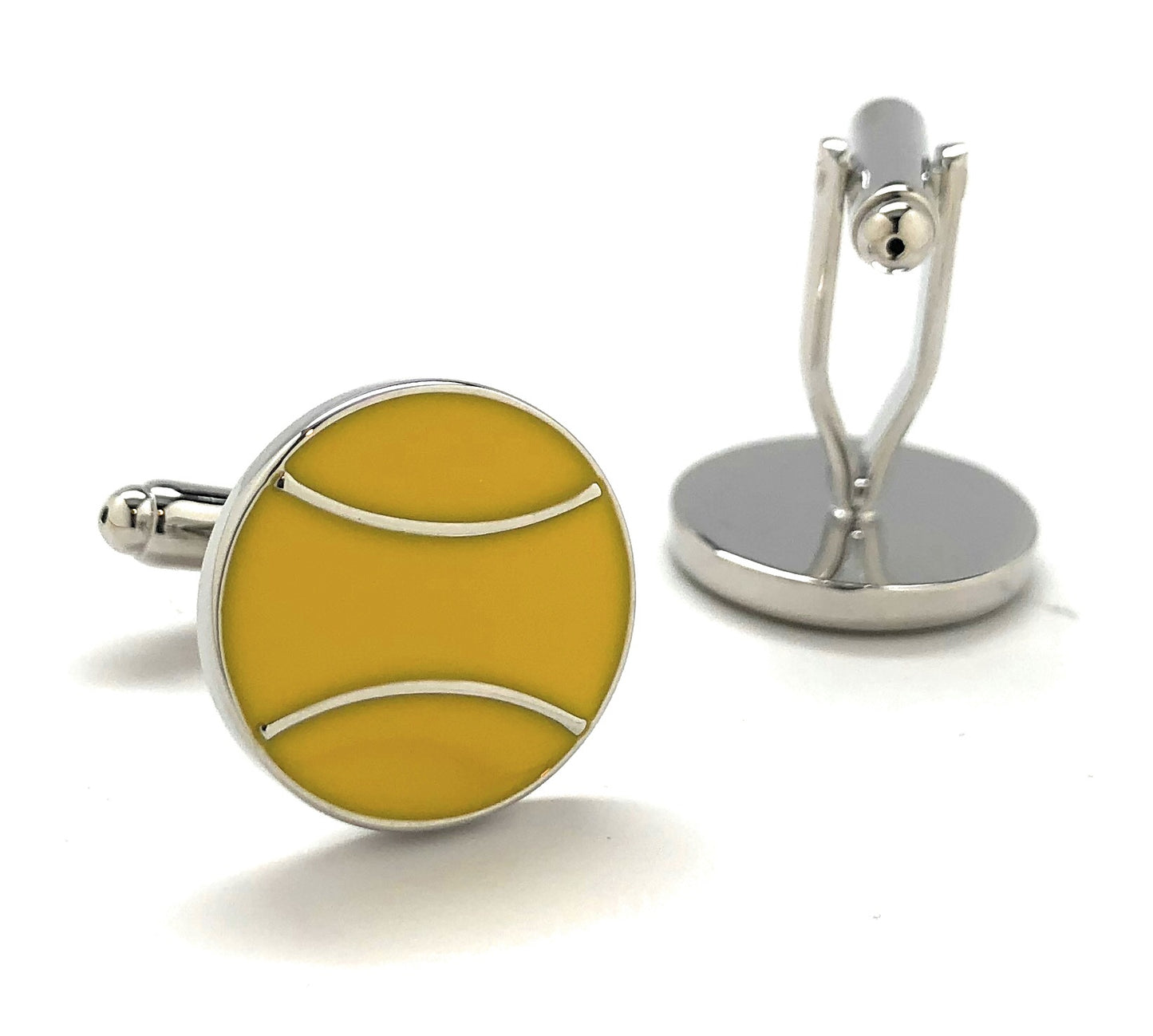 Yellow tennis ball cufflinks for men – silver and enamel sports cufflinks for tennis players and coaches