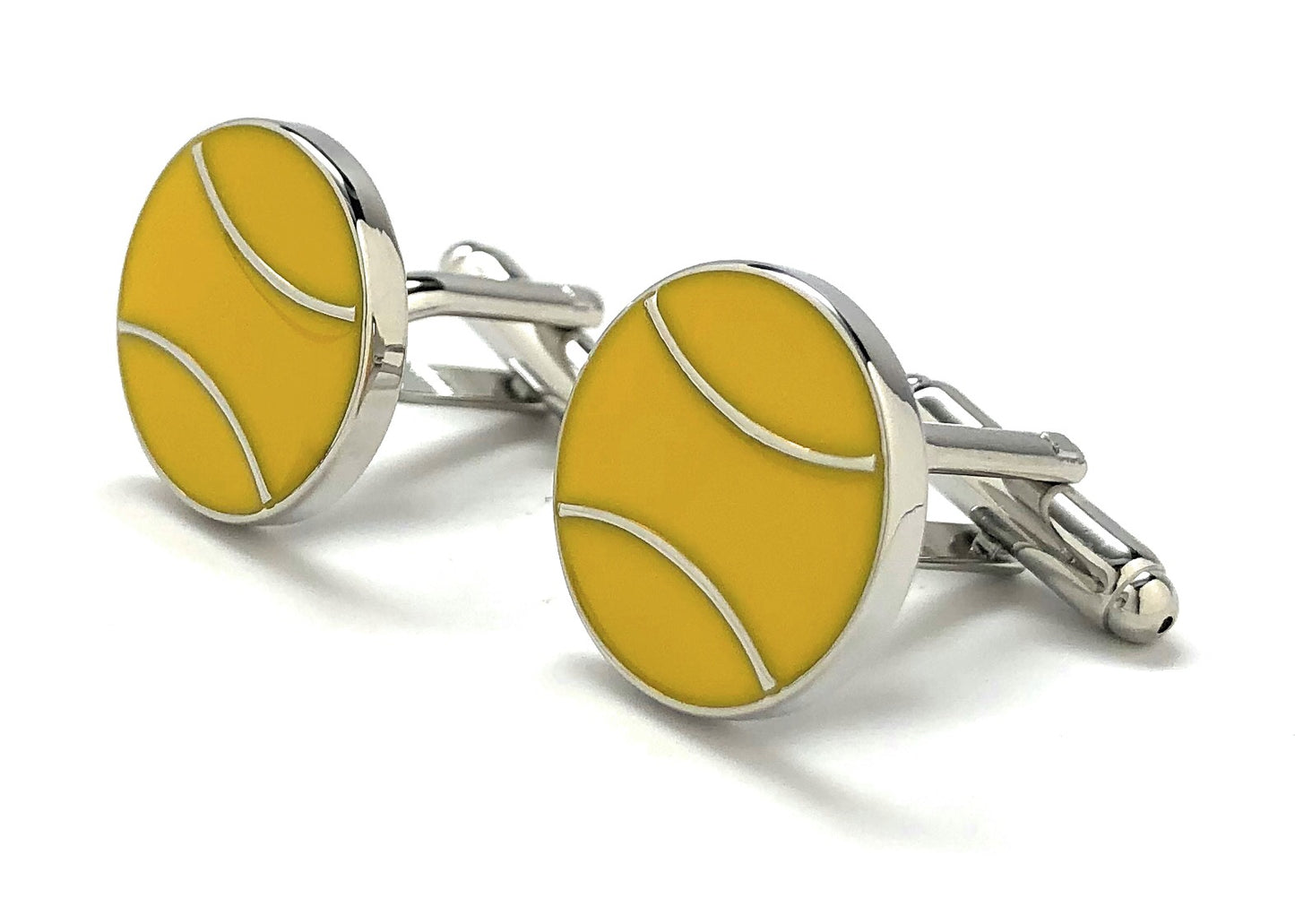 Yellow tennis ball cufflinks for men – silver and enamel sports cufflinks for tennis players and coaches