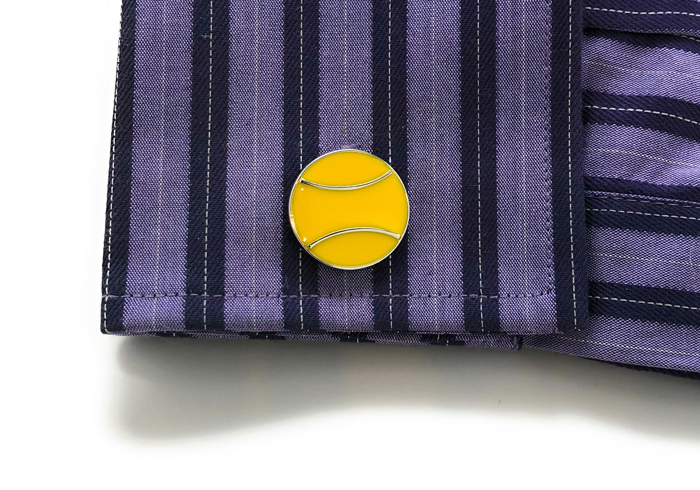 Yellow tennis ball cufflinks for men – silver and enamel sports cufflinks for tennis players and coaches purple shirt