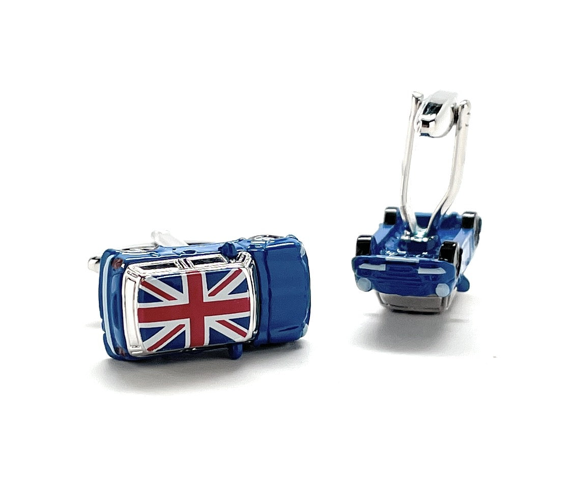 Cufflinks with a Union Jack design on a white background